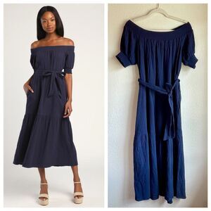 NWT Lulus Ready for Sunshine Gauze Navy Blue Off the Shoulder Maxi Dress Size M